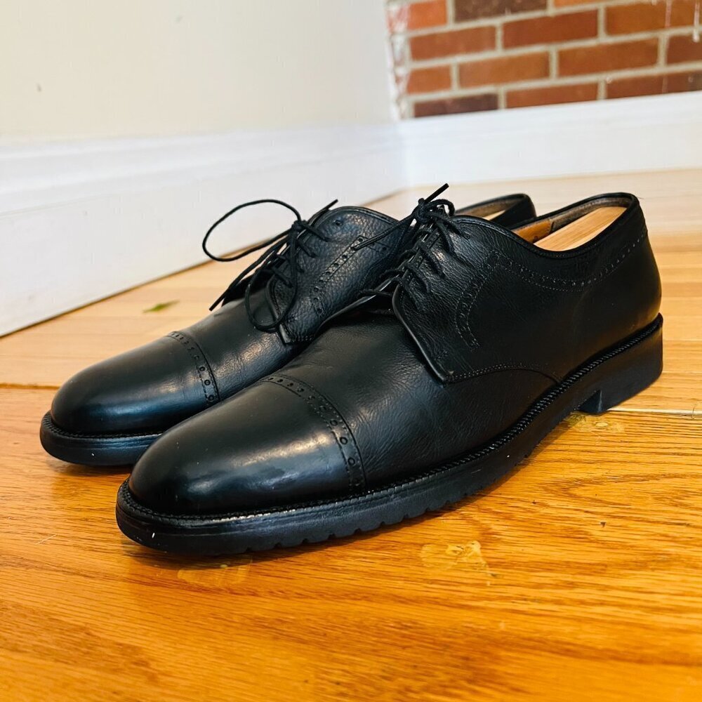 Salvatore Ferragamo Men's Black Leather Cap Toe Oxford Shoes Size 9.5 D
